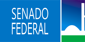 texto senado federal letra branca e fundo azul claro com logomarca do senado na lateral direita